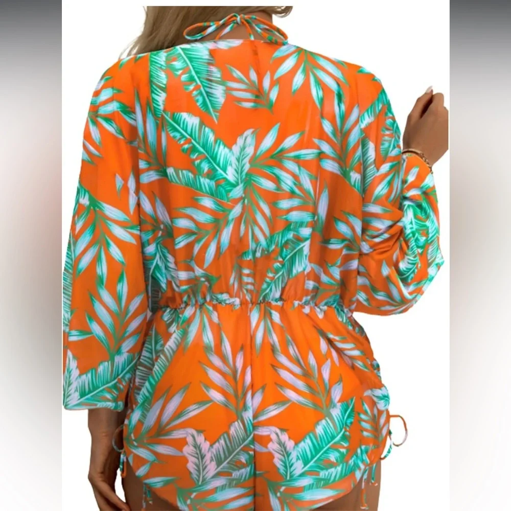 🚘Tropical Orange and Green Bikini 3 piece swim triangle halter top with rumper - Picture 3 of 13